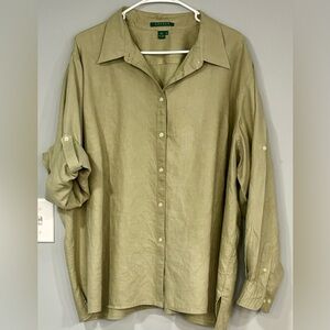 LAUREN by RALPH LAUREN Green Linen CONVERTIBLE Button Down Blouse Shirt 3X